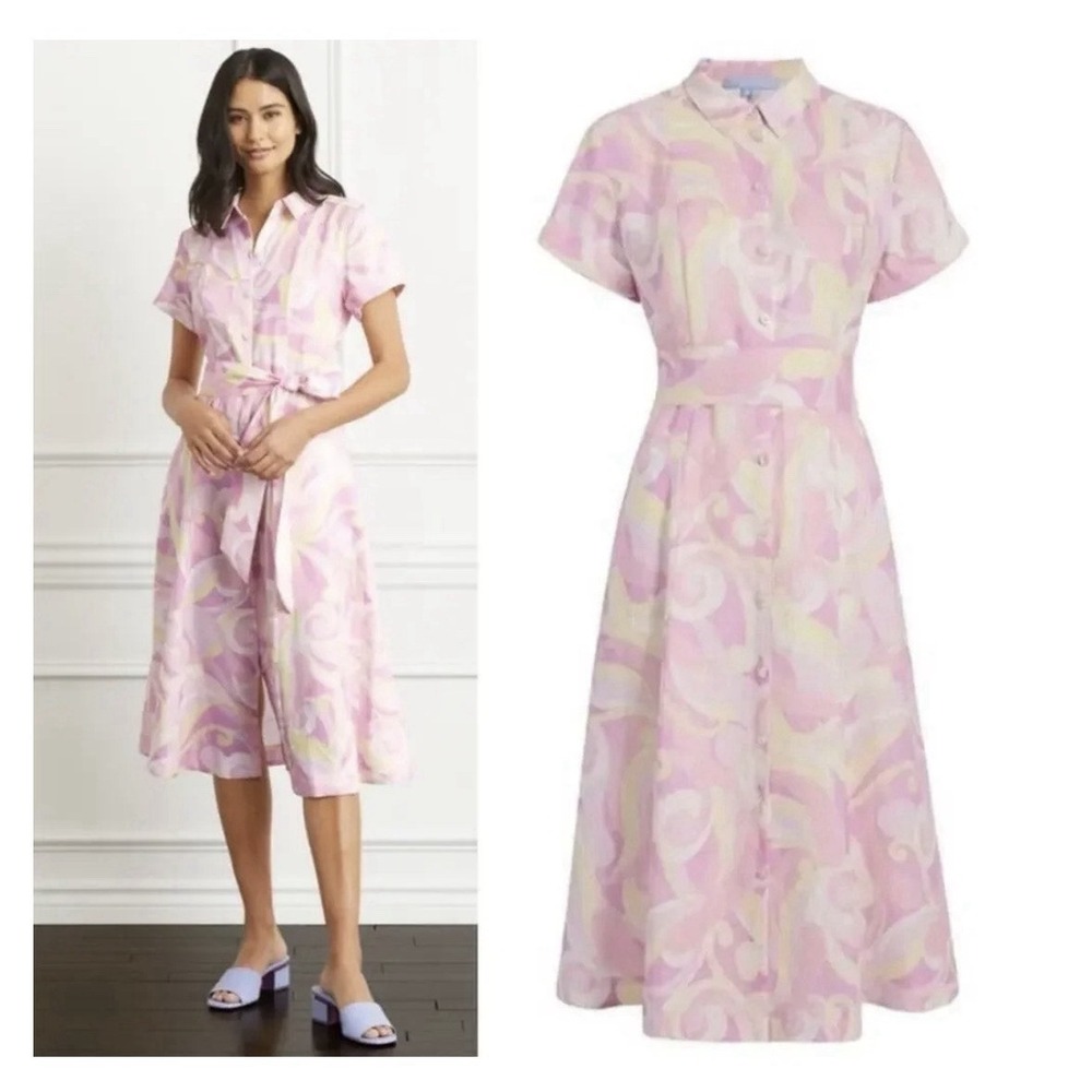 Hill House The Lily Midi Dress Belted 100% Linen Candy Kaleidoscope Pink Medium